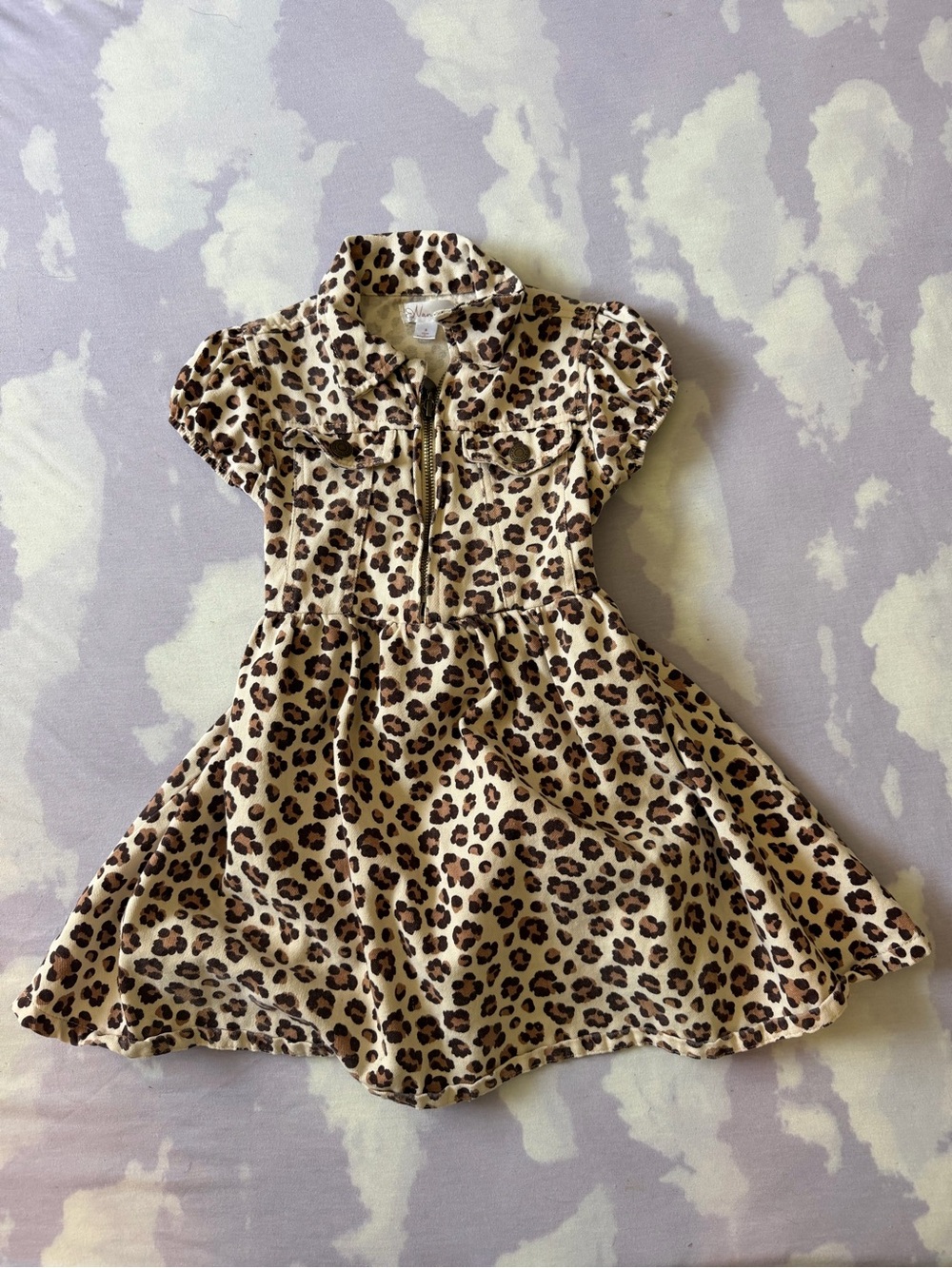 Nannette Leopard Print Short Sleeve Girls' Dress - Cream & Brown